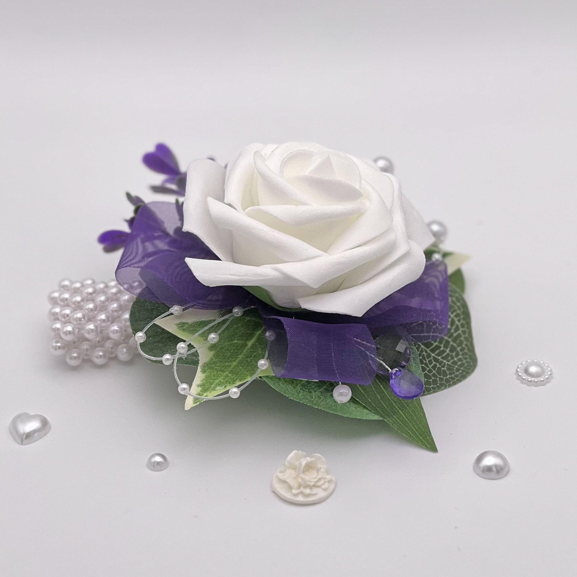 White Rose with Purple Debs Flower Corsage