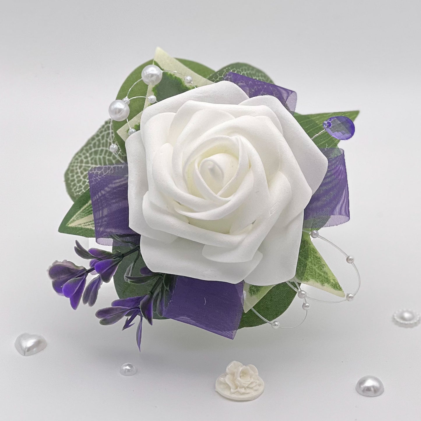 White Rose with Purple Debs Flower Corsage 2
