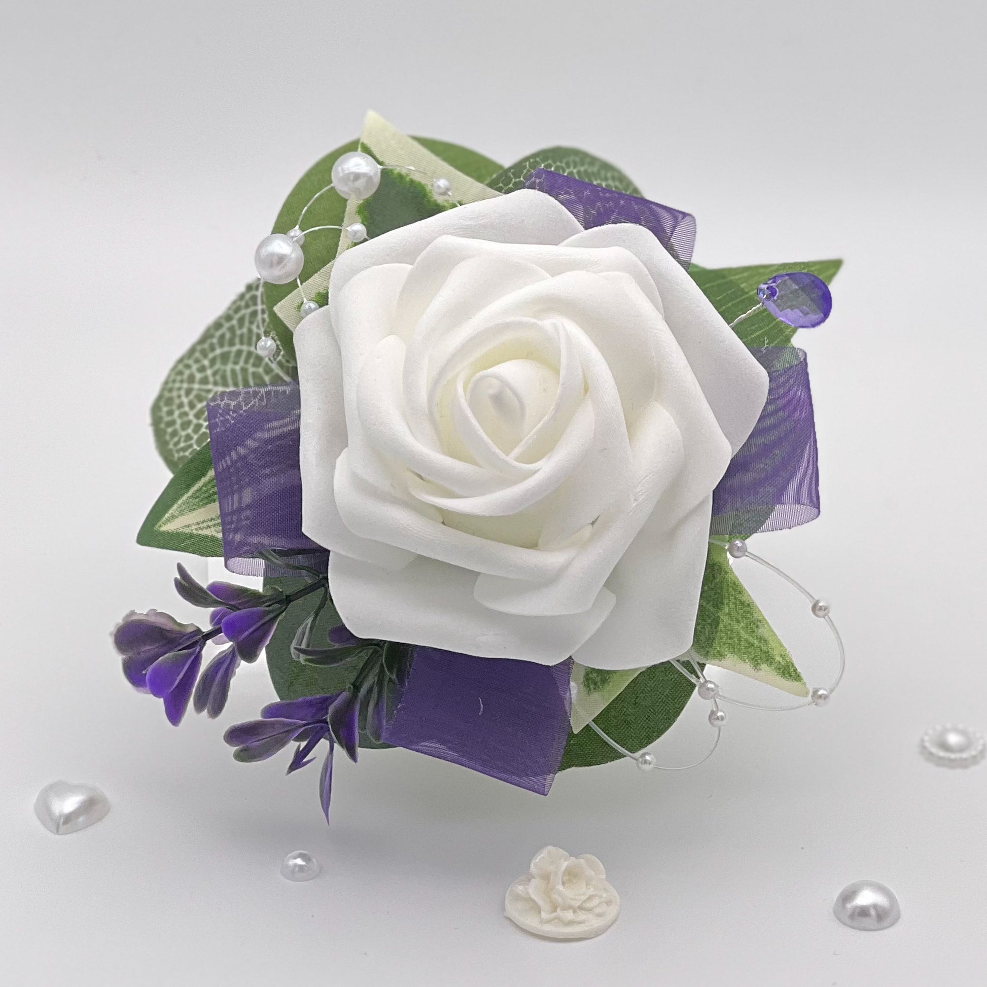 White Rose with Purple Debs Flower Corsage 2