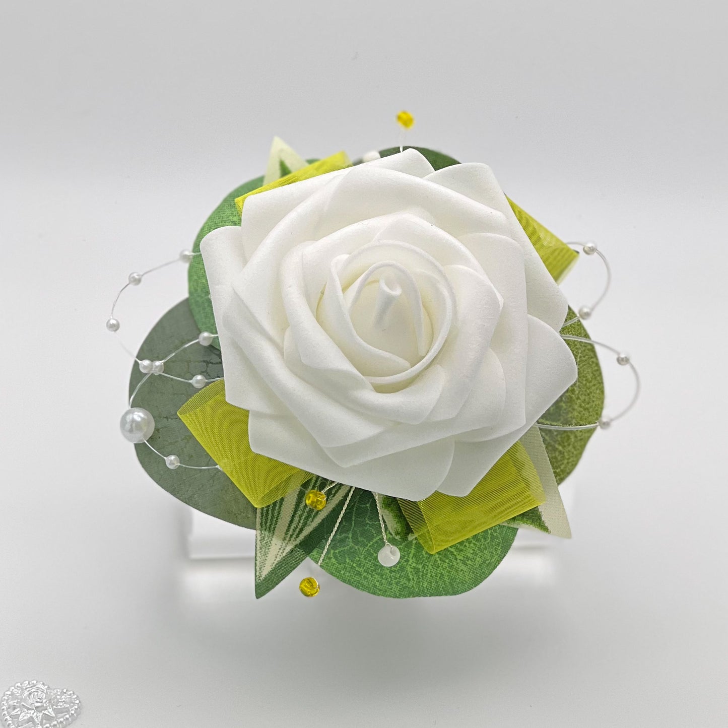 White Rose with Yellow Debs Corsage