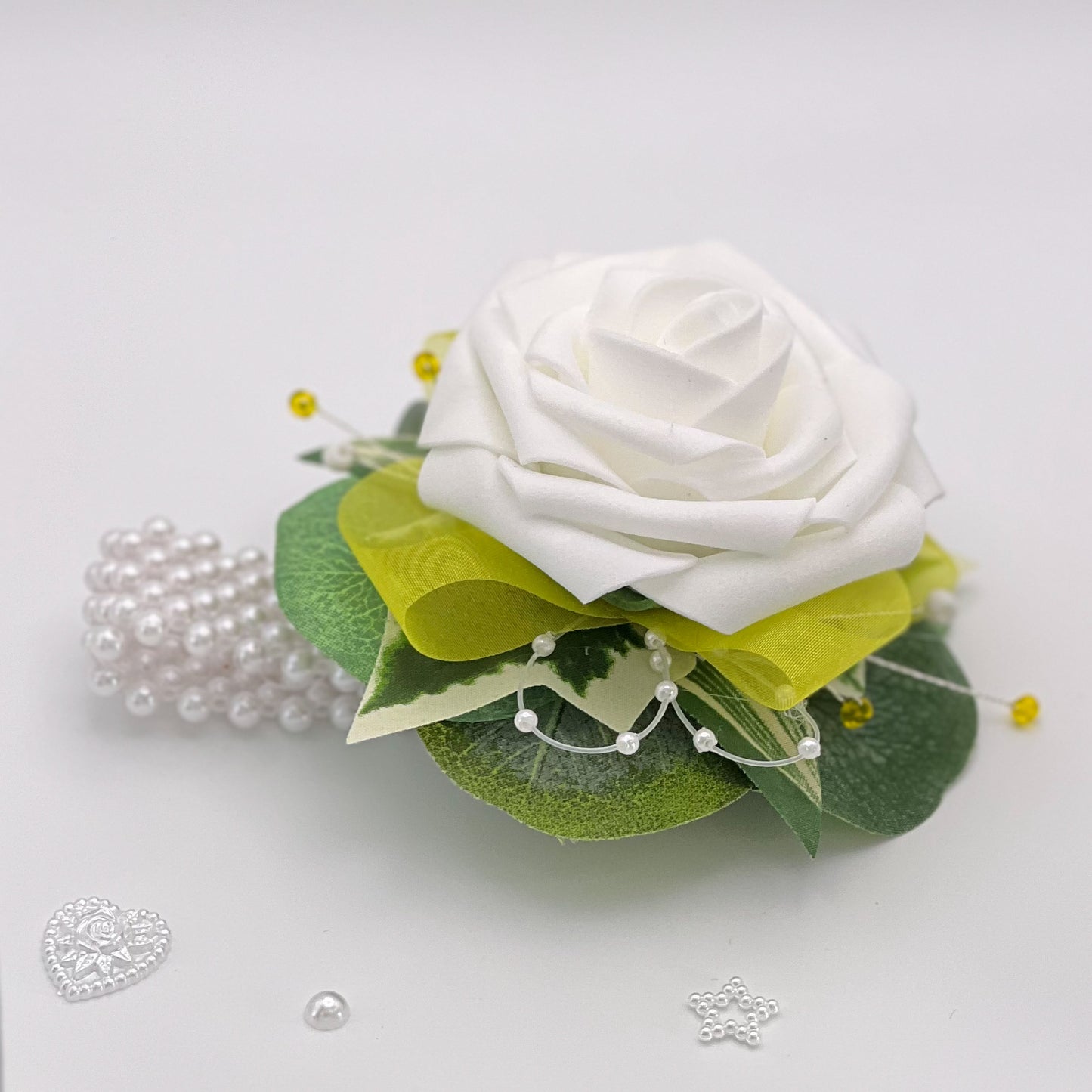 White Rose with Yellow Debs Corsage 2